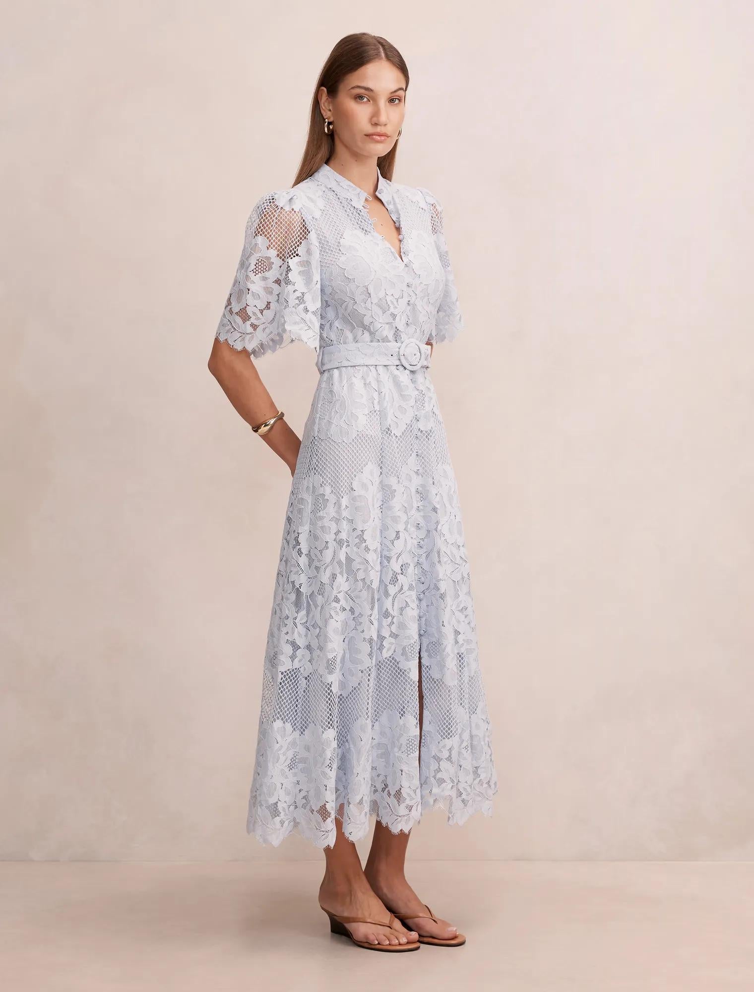 Liberty Flutter Sleeve Lace Midi Heather Blue