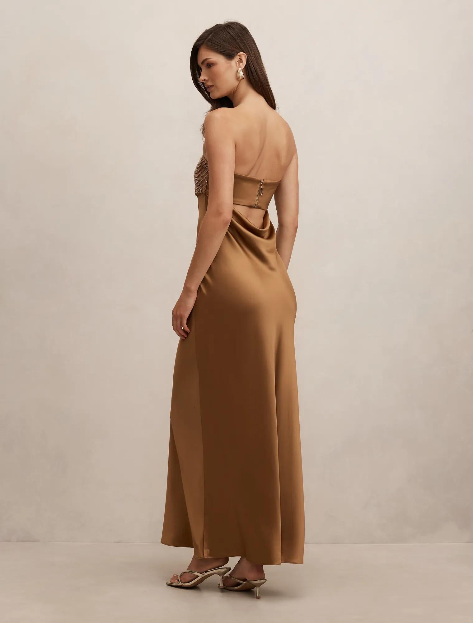 Amina Embellished Satin Maxi Golden Brown