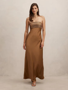 Amina Embellished Satin Maxi Golden Brown