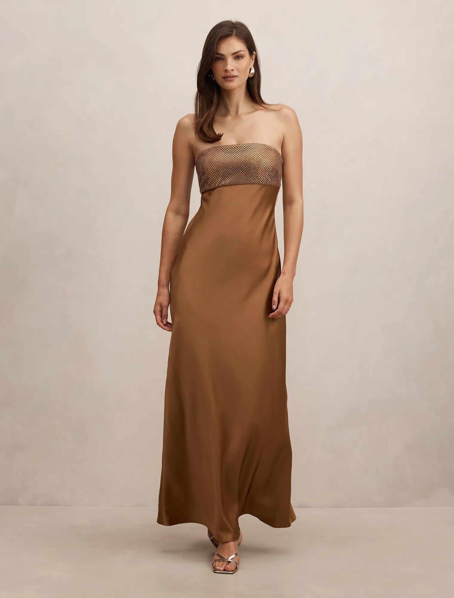 Amina Embellished Satin Maxi Golden Brown