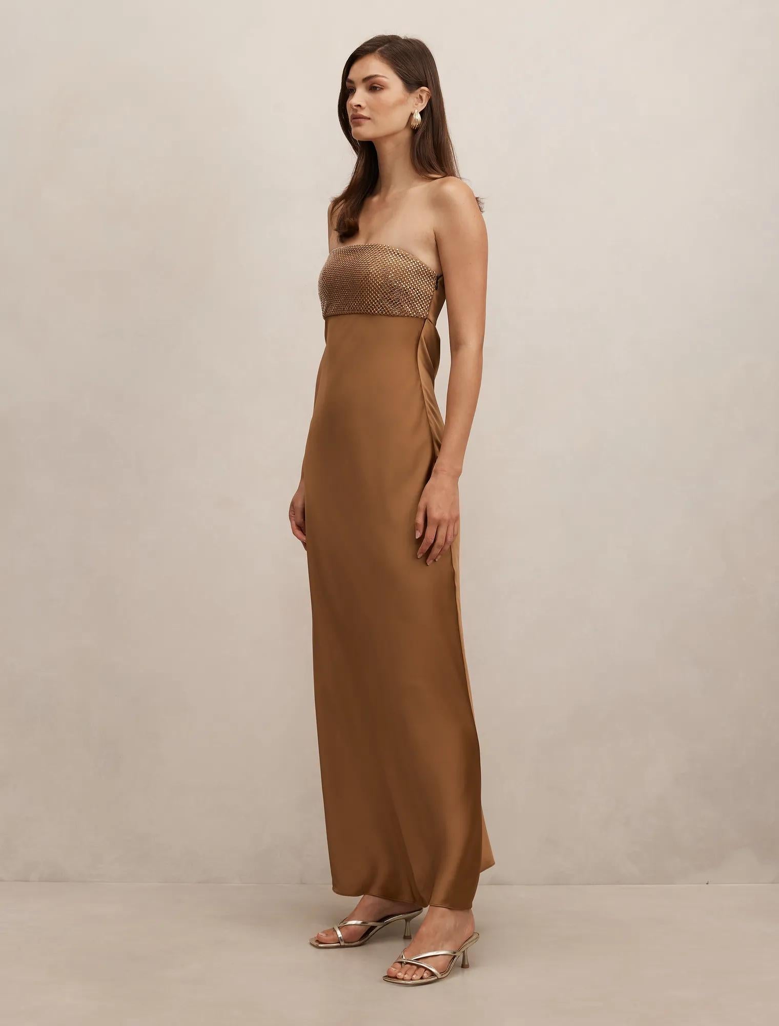Amina Embellished Satin Maxi Golden Brown