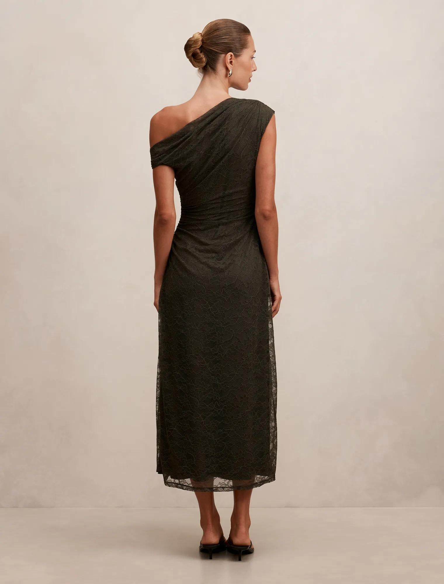 Paris Lace Asymmetric Midi Dress Olive Night