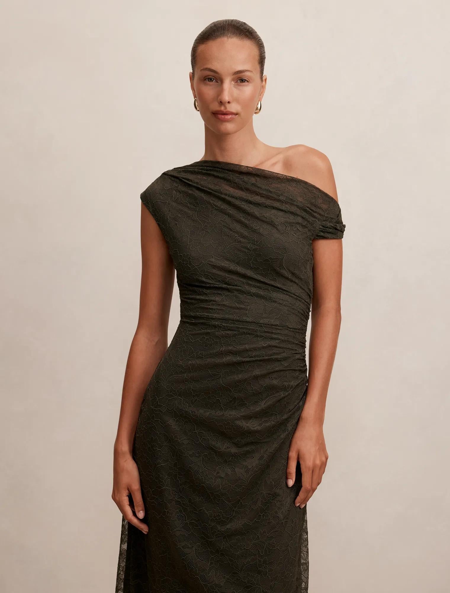 Paris Lace Asymmetric Midi Dress Olive Night