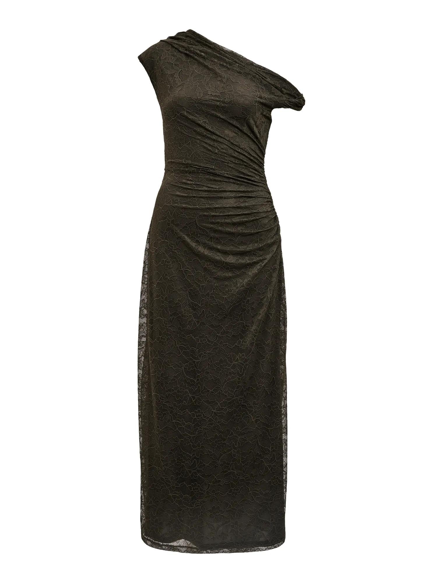 Paris Lace Asymmetric Midi Dress Olive Night