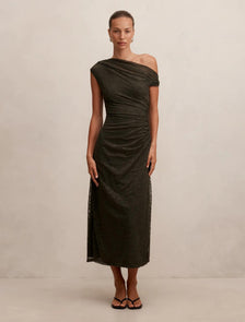 Paris Lace Asymmetric Midi Dress Olive Night