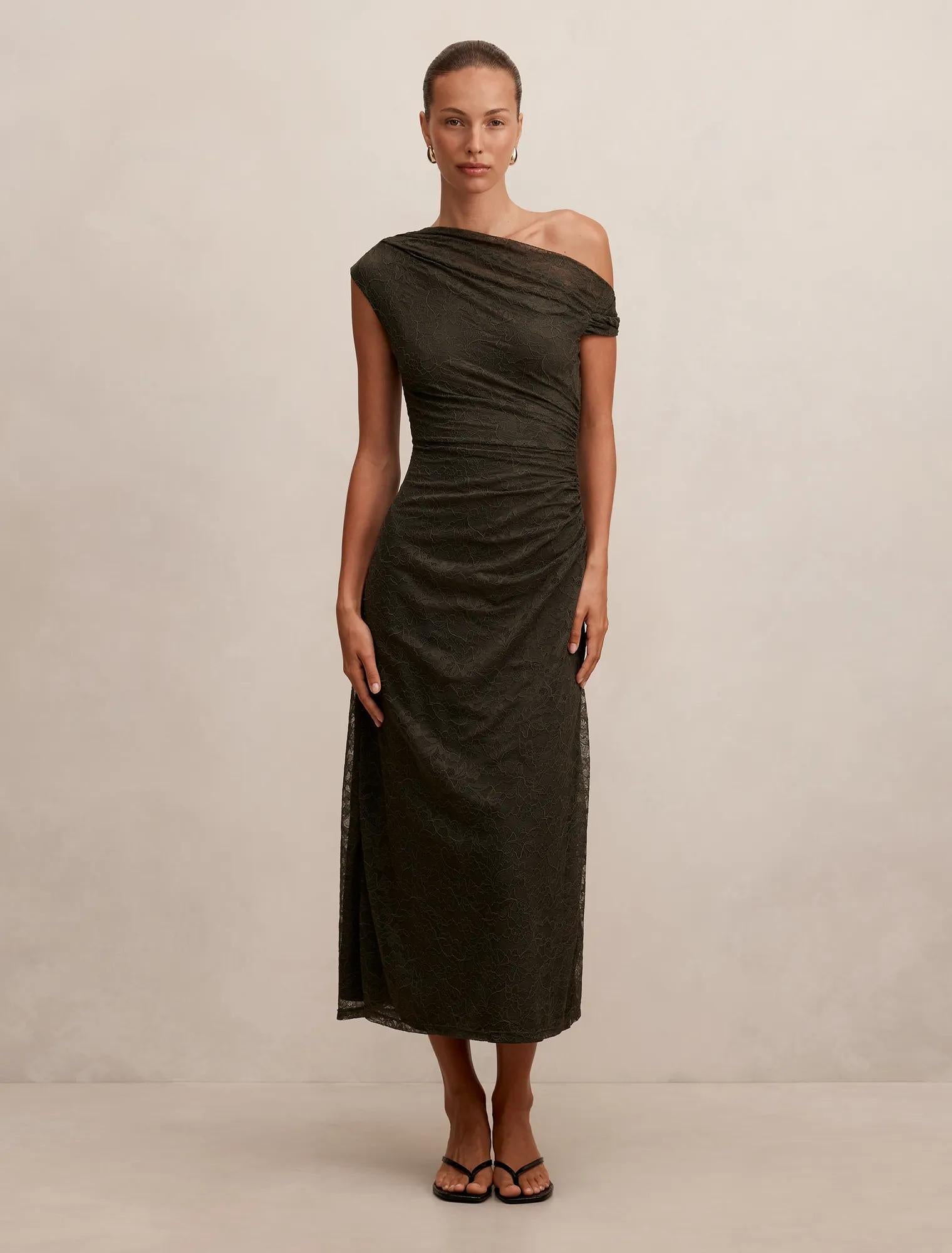 Paris Lace Asymmetric Midi Dress Olive Night