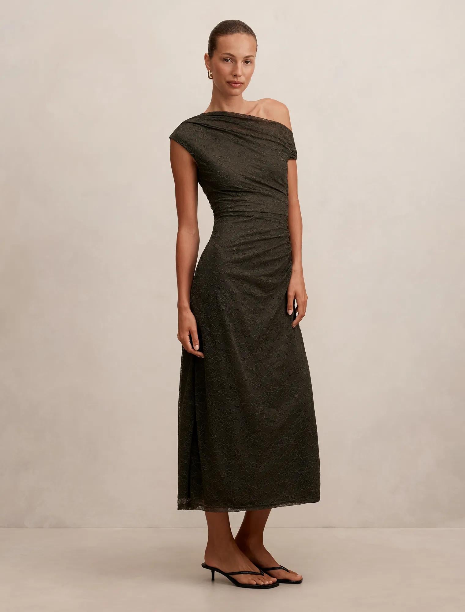 Paris Lace Asymmetric Midi Dress Olive Night