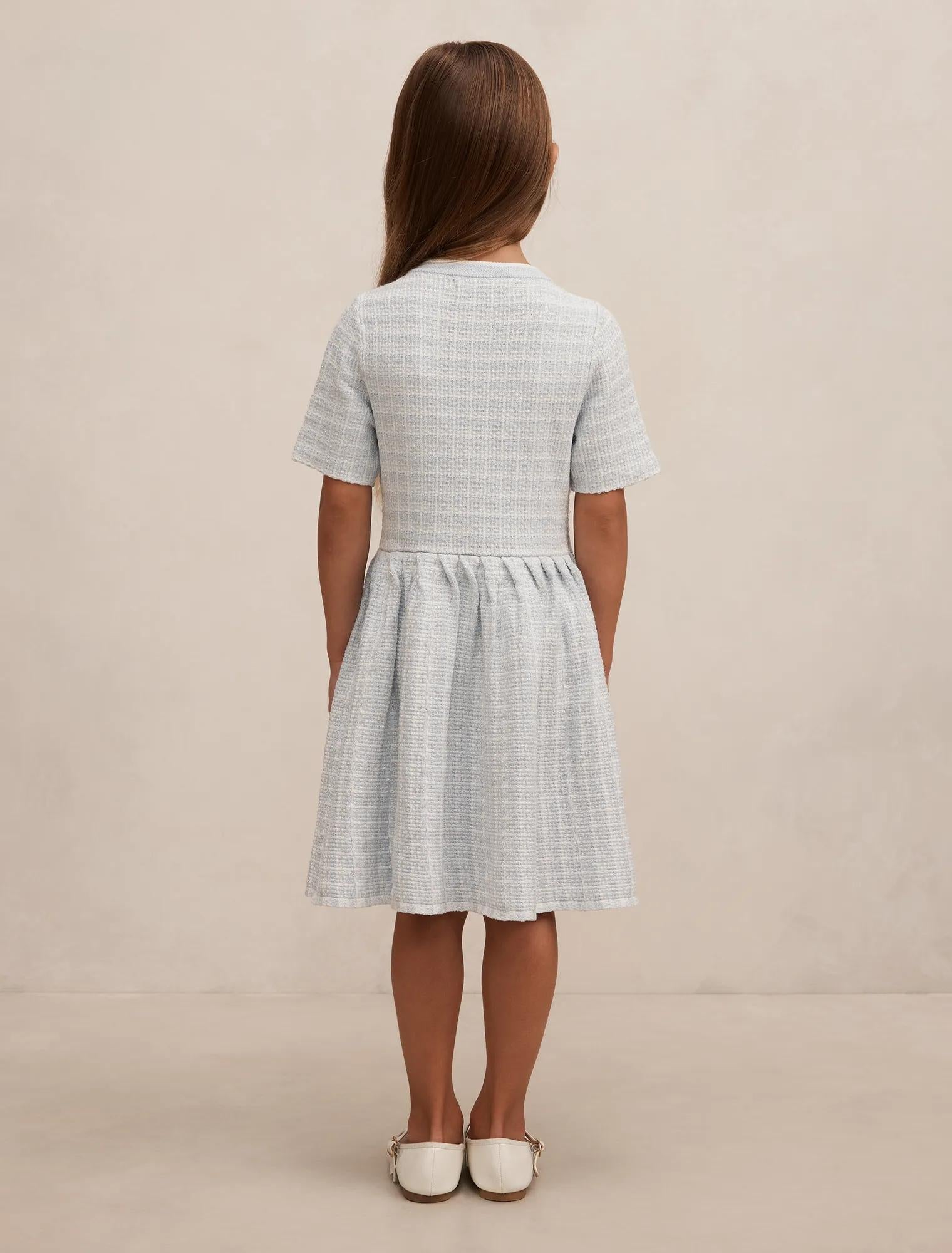 Elsa Girls Pleated Knit Boucle Dress Soft Blue