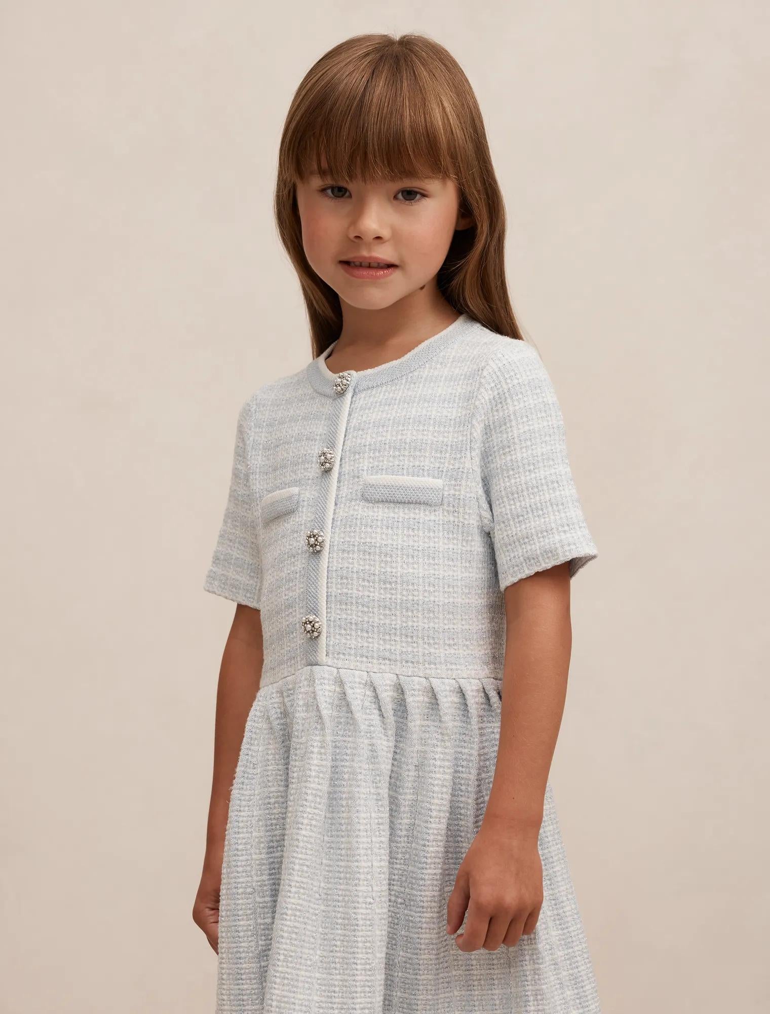 Elsa Girls Pleated Knit Boucle Dress Soft Blue