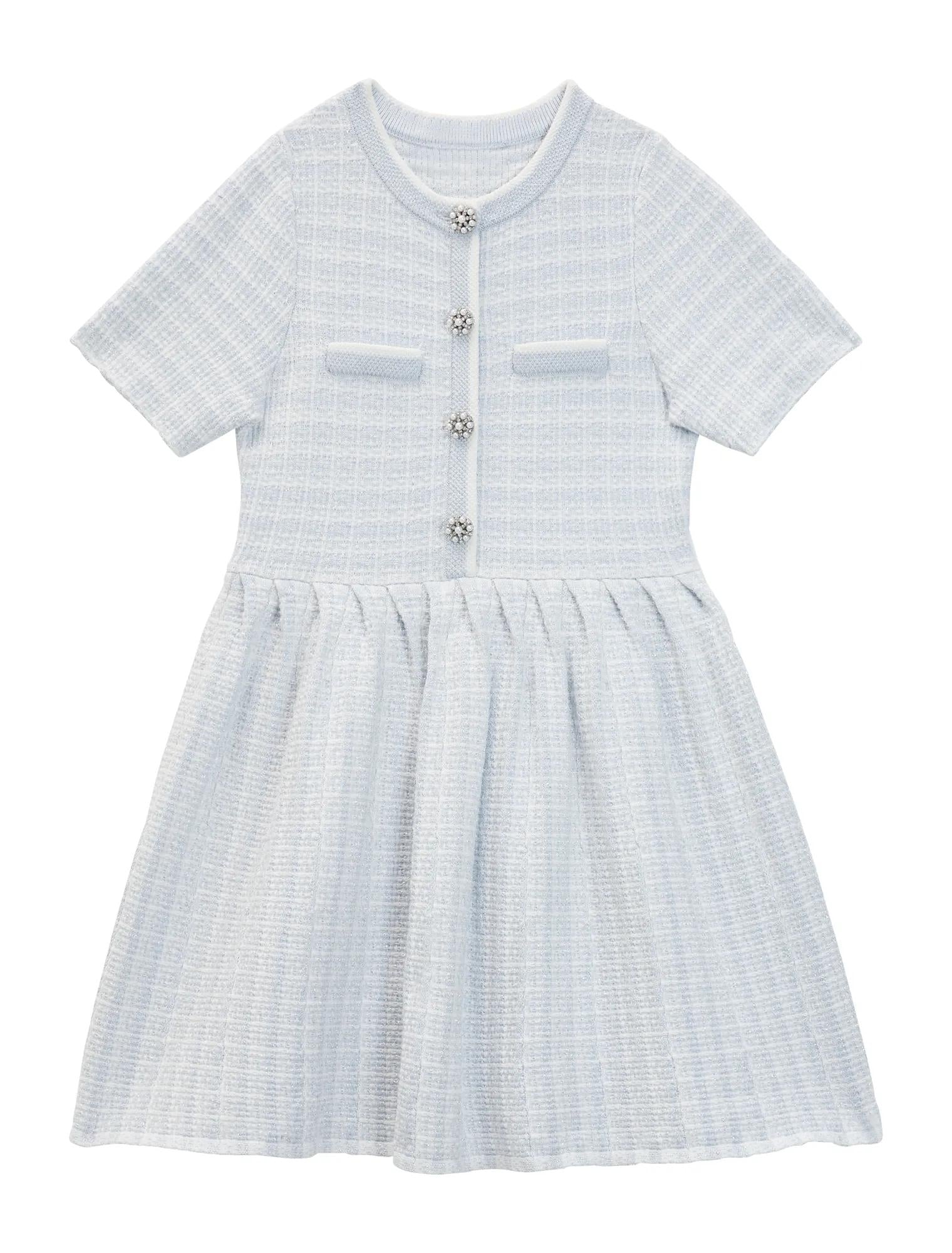 Elsa Girls Pleated Knit Boucle Dress Soft Blue