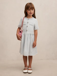 Elsa Girls Pleated Knit Boucle Dress Soft Blue