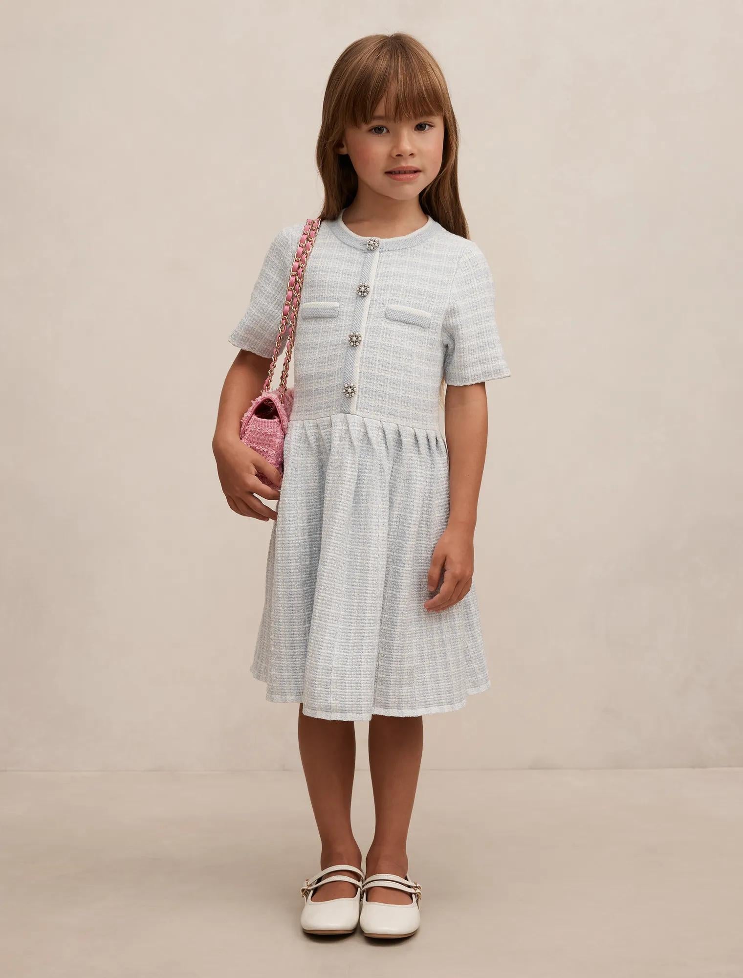 Elsa Girls Pleated Knit Boucle Dress Soft Blue