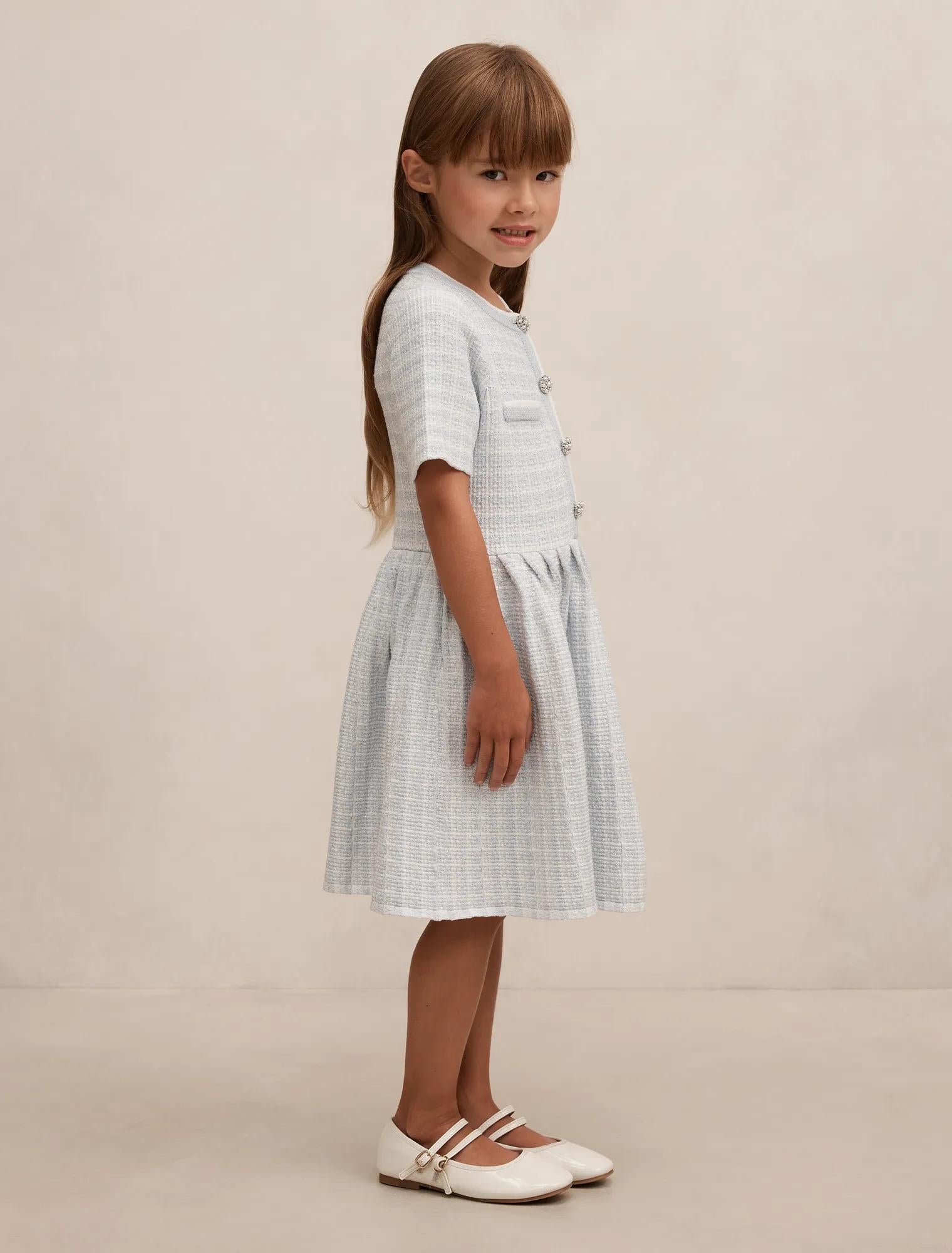 Elsa Girls Pleated Knit Boucle Dress Soft Blue