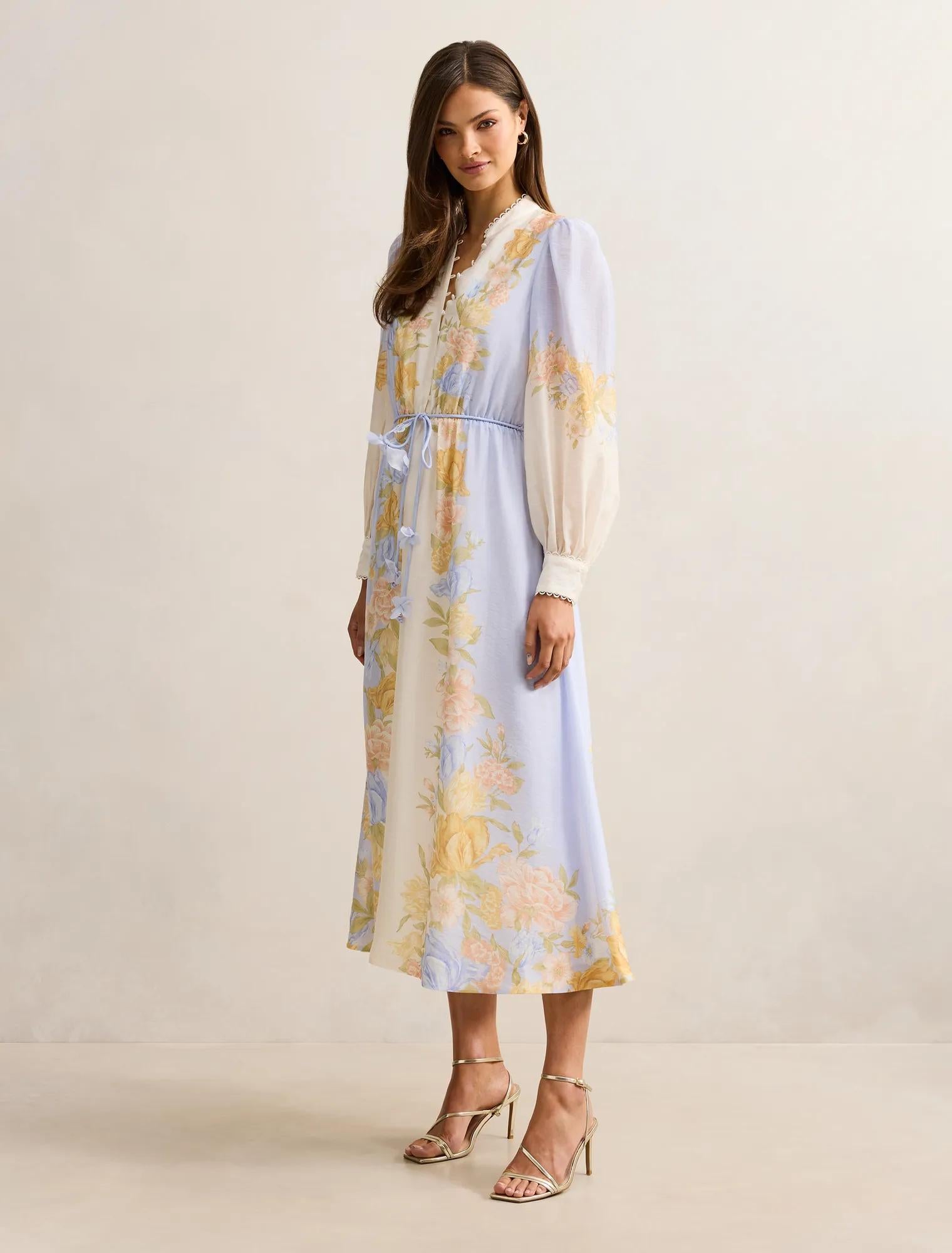 Christina Placement Print Midi Dress Blue Mercia Floral