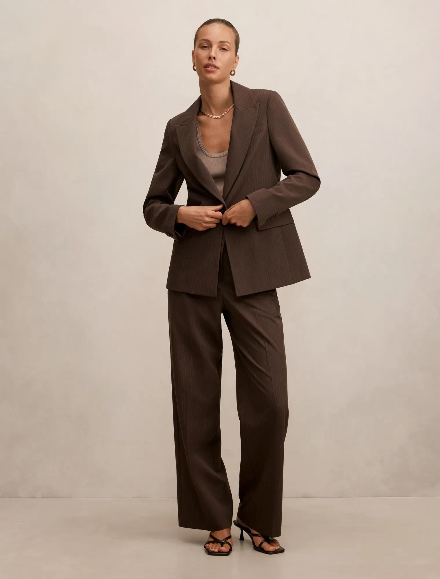 Bree Pinstripe Single Breasted Blazer Chocolate Pinstripe Suit