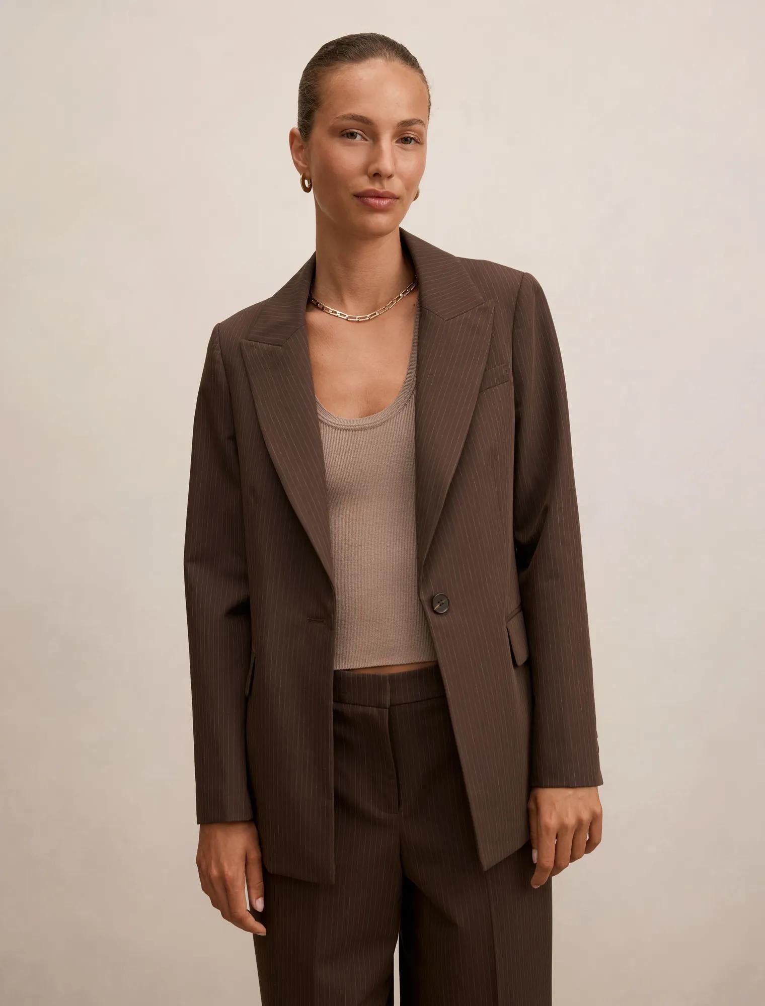 Bree Pinstripe Single Breasted Blazer Chocolate Pinstripe Suit