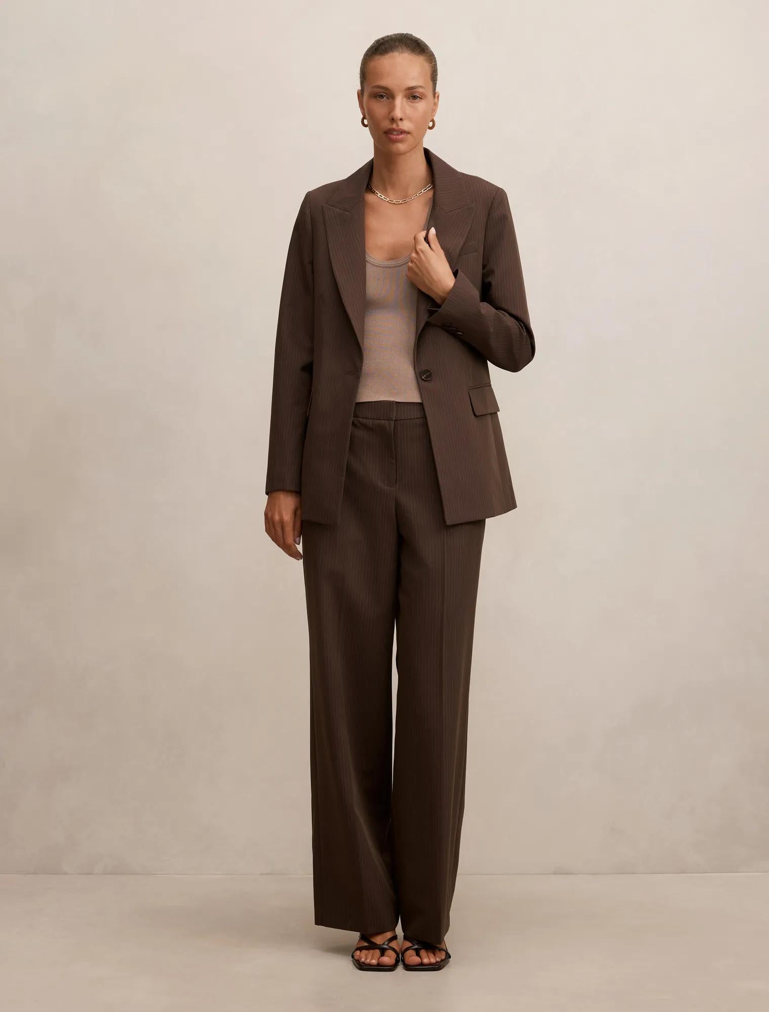 Bree Pinstripe Single Breasted Blazer Chocolate Pinstripe Suit
