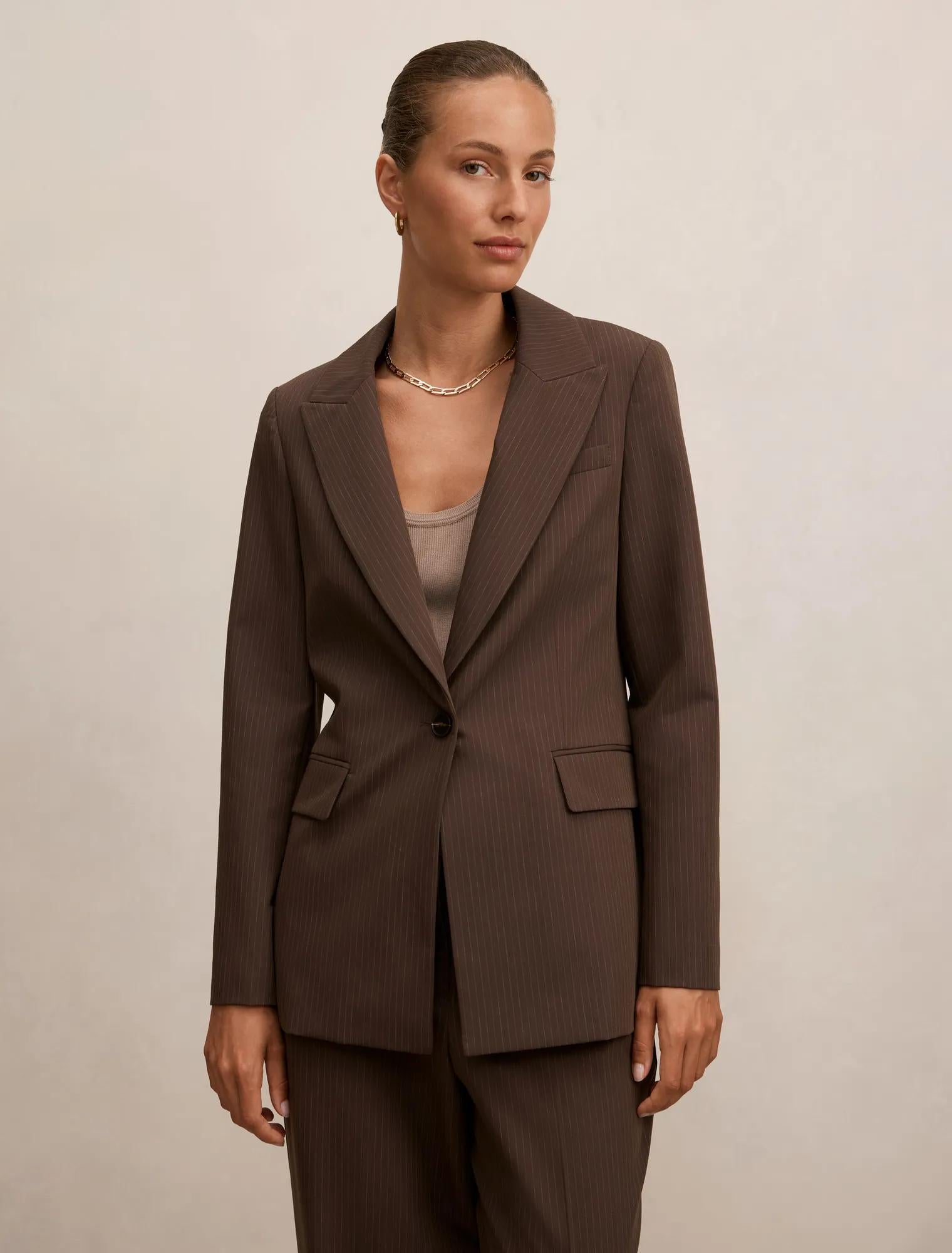 Bree Pinstripe Single Breasted Blazer Chocolate Pinstripe Suit