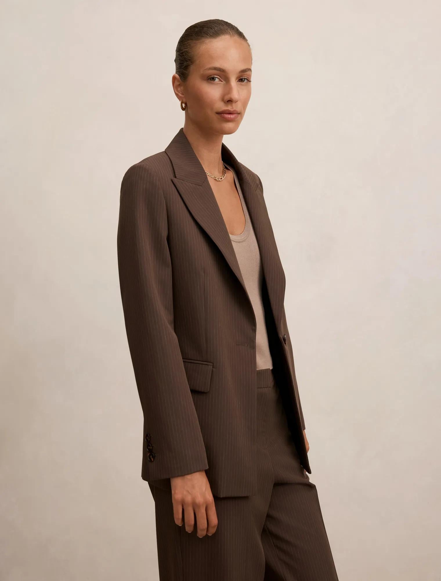 Bree Pinstripe Single Breasted Blazer Chocolate Pinstripe Suit
