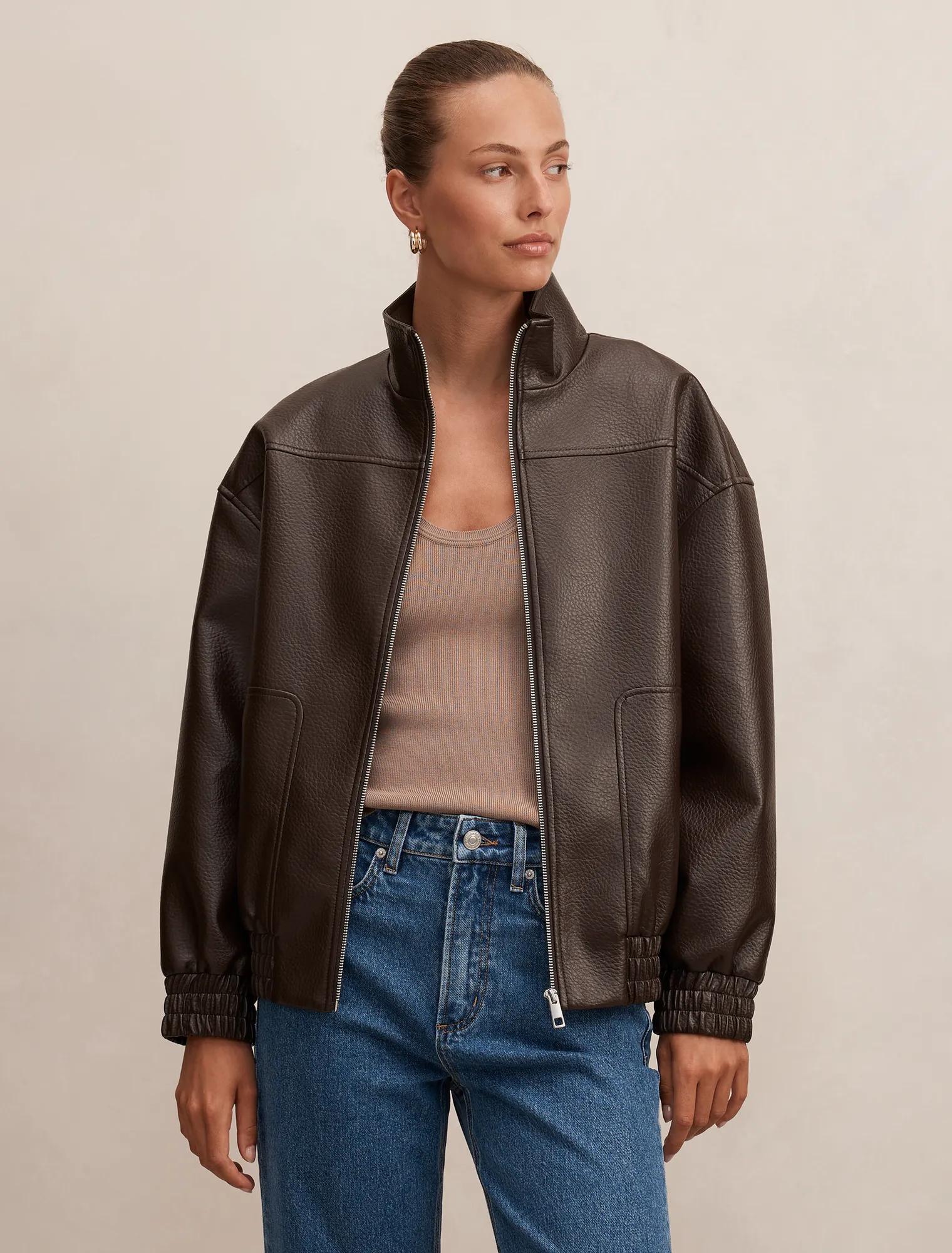 Marissa Funnel Neck PU Bomber Chocolate