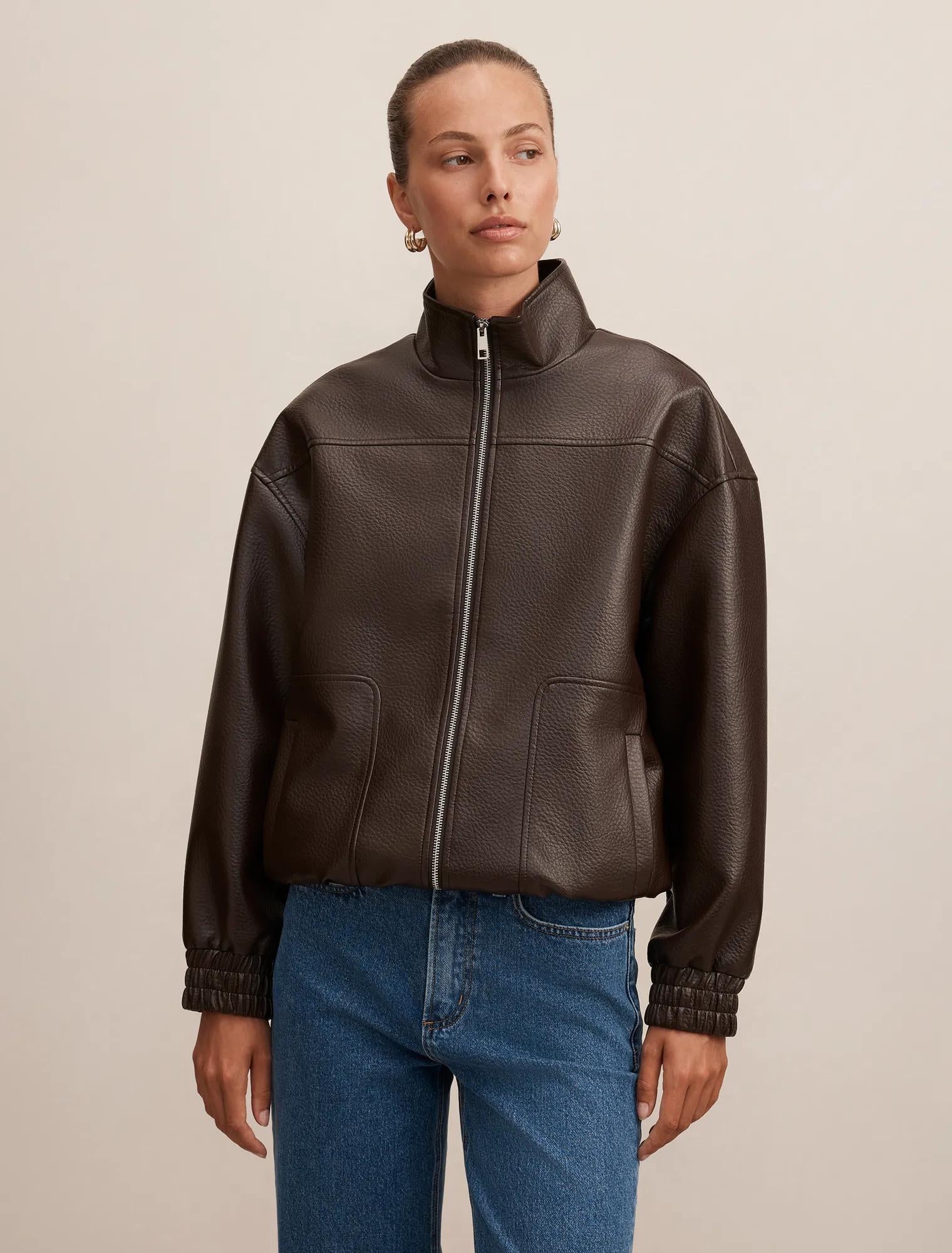 Marissa Funnel Neck PU Bomber Chocolate