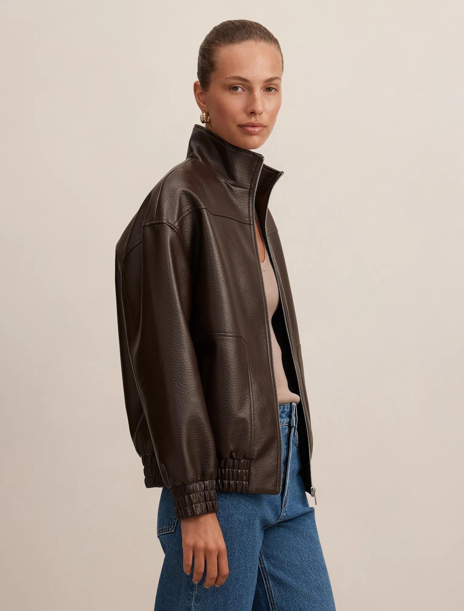 Marissa Funnel Neck PU Bomber Chocolate