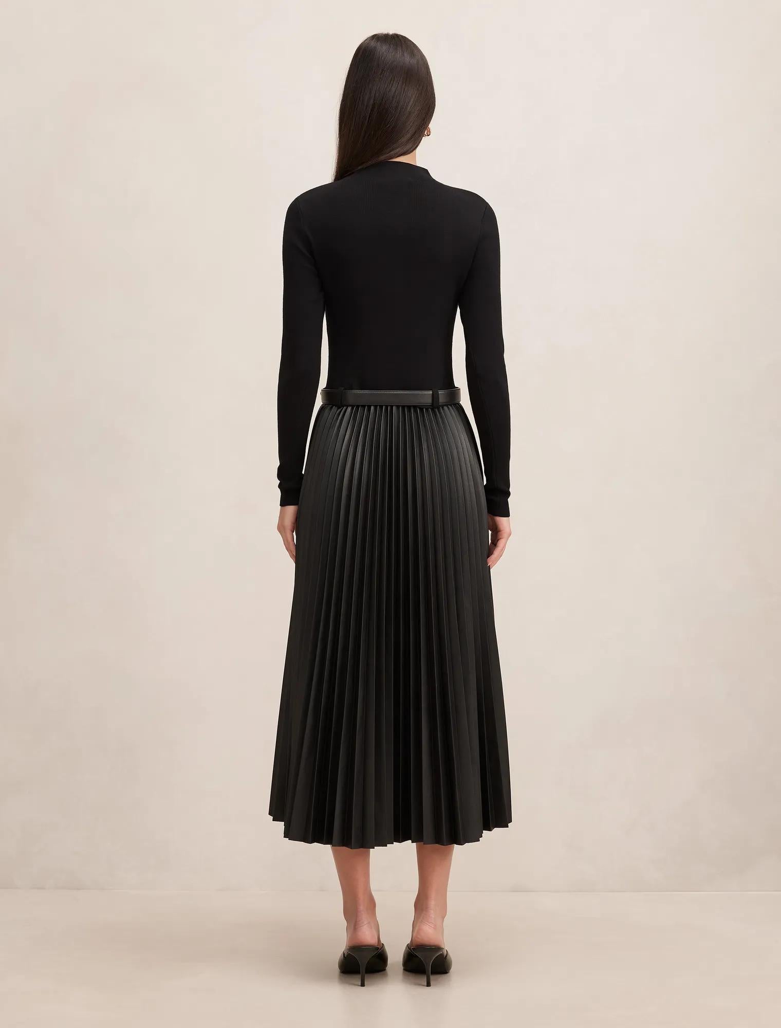 Gianna Faux Leather Pleated Midi Dress Black