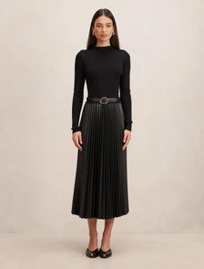 Gianna Faux Leather Pleated Midi Dress Black