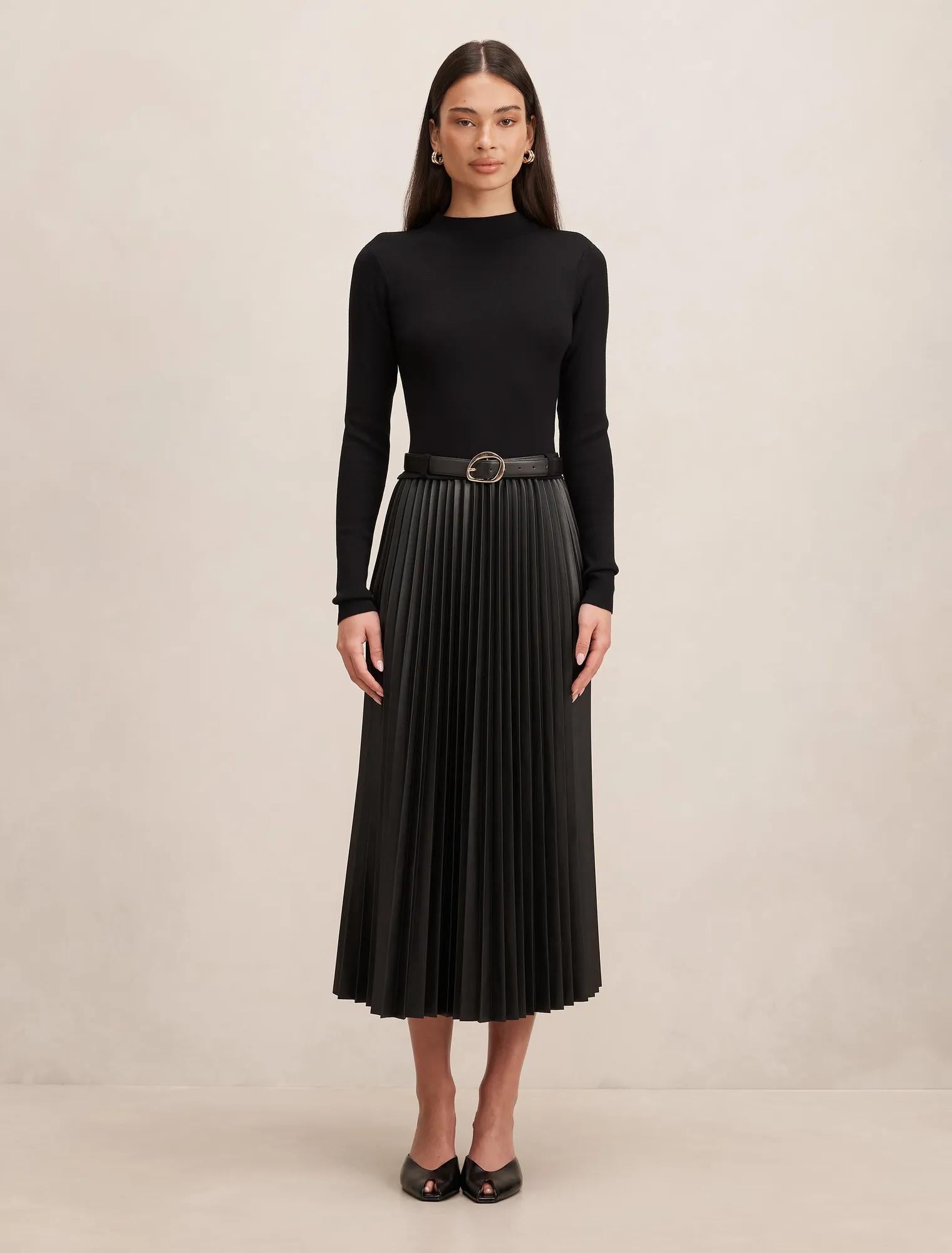 Gianna Faux Leather Pleated Midi Dress Black