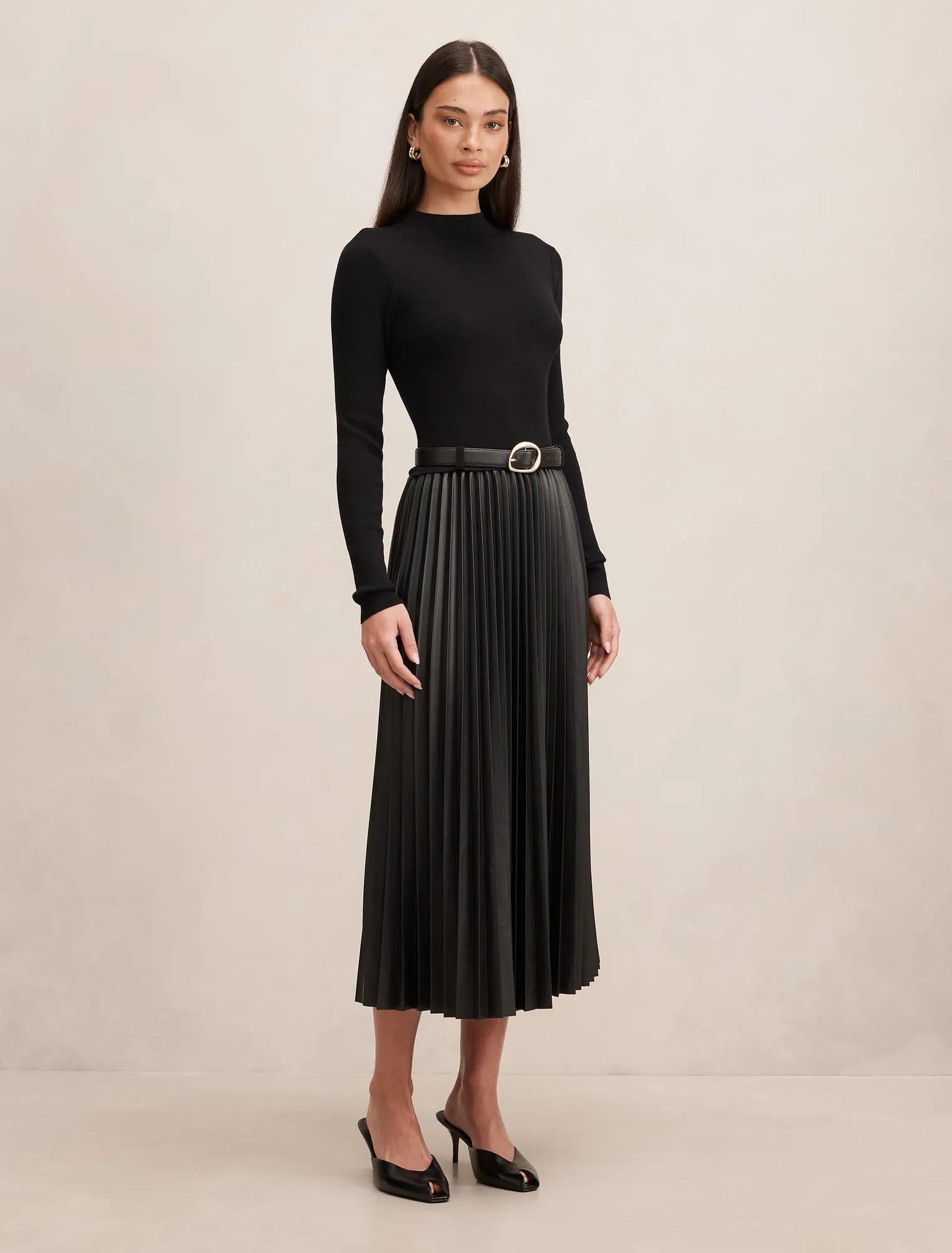 Gianna Faux Leather Pleated Midi Dress Black