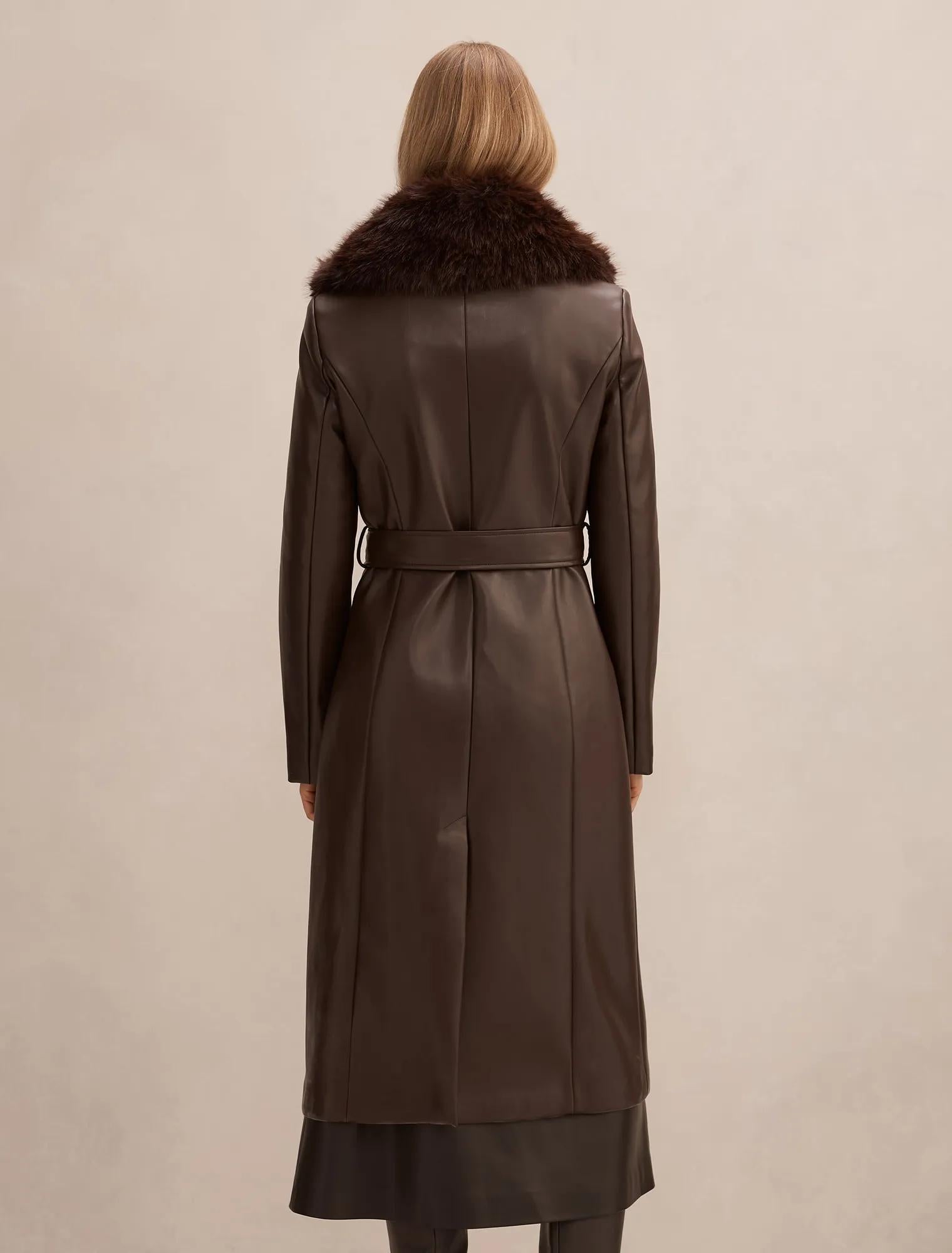 Faith Fur Collar Faux Leather Trench Coat Milk Chocolate