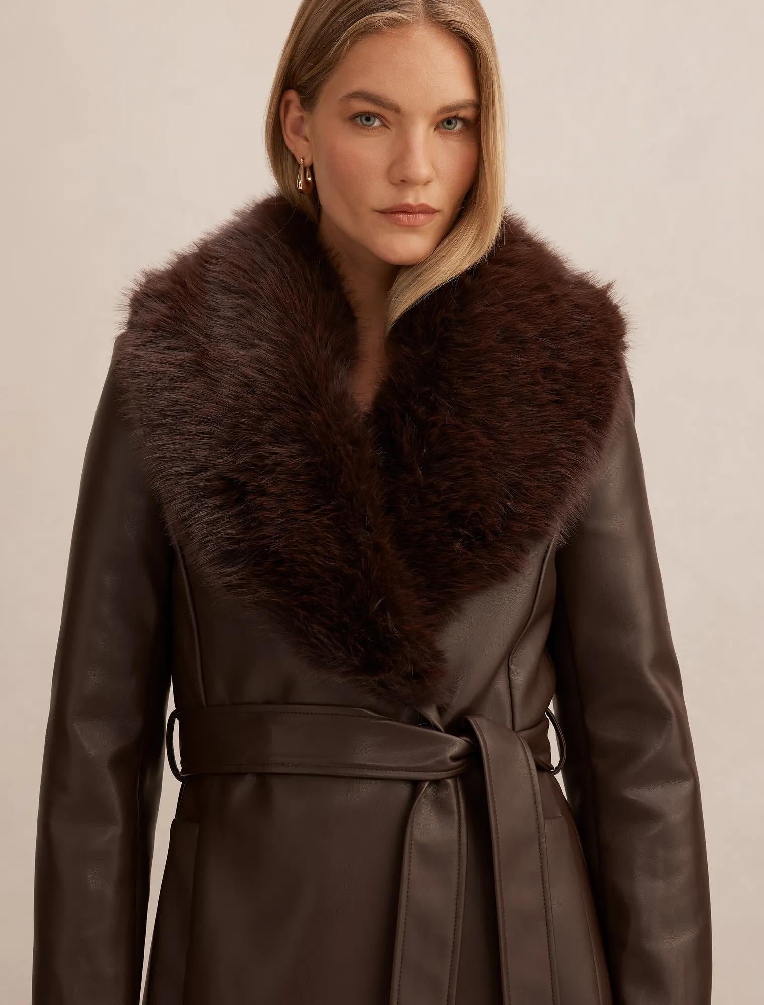 Faith Fur Collar Faux Leather Trench Coat Milk Chocolate