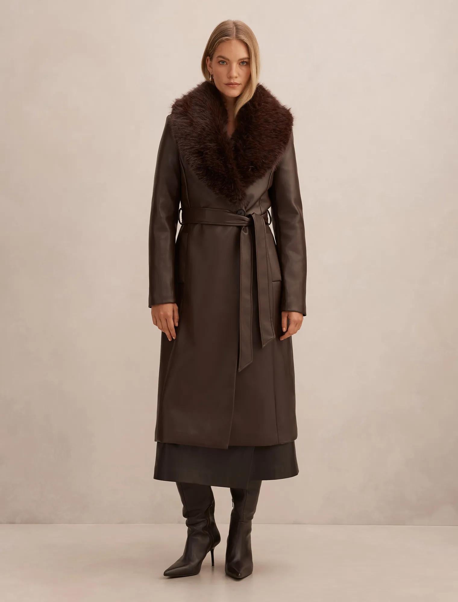 Faith Fur Collar Faux Leather Trench Coat Milk Chocolate