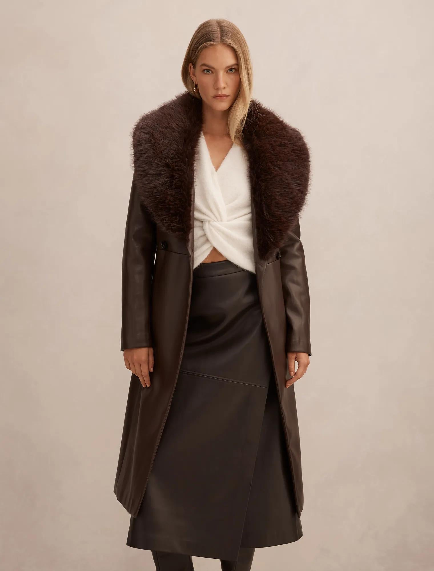 Faith Fur Collar Faux Leather Trench Coat Milk Chocolate