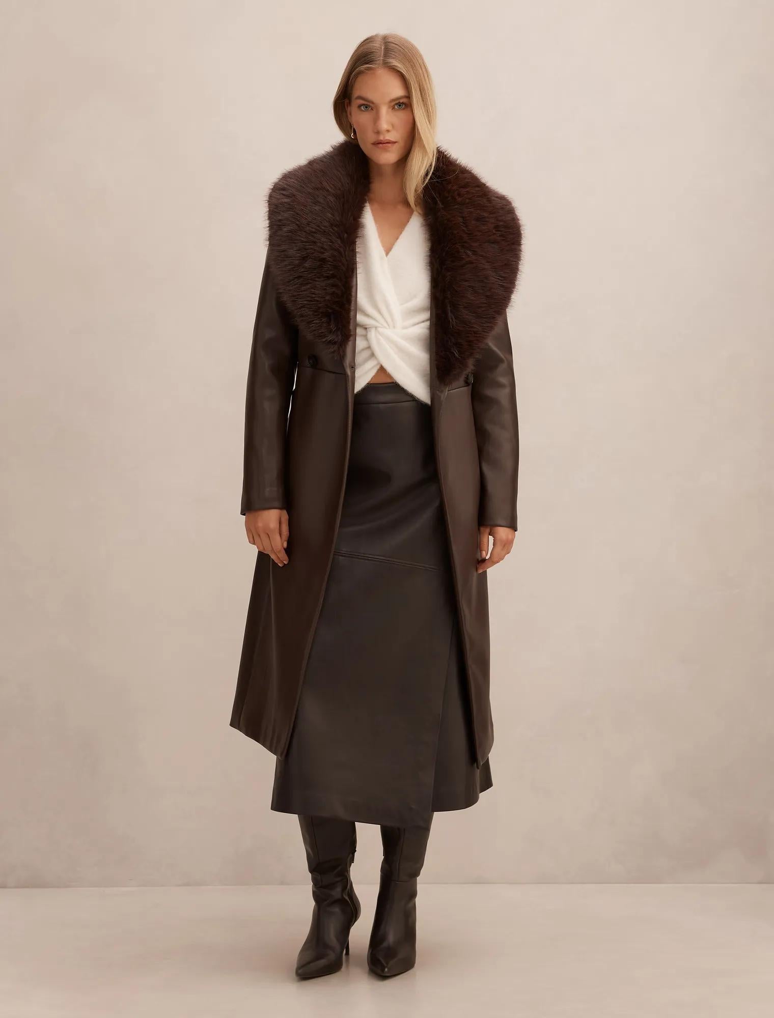 Faith Fur Collar Faux Leather Trench Coat Milk Chocolate