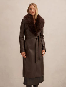 Faith Fur Collar Faux Leather Trench Coat Milk Chocolate