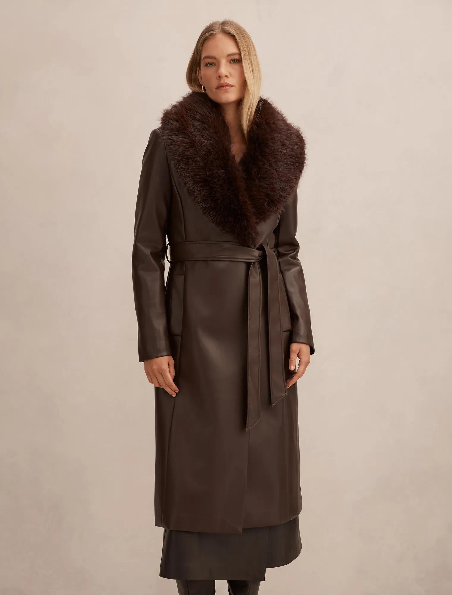 Faith Fur Collar Faux Leather Trench Coat Milk Chocolate