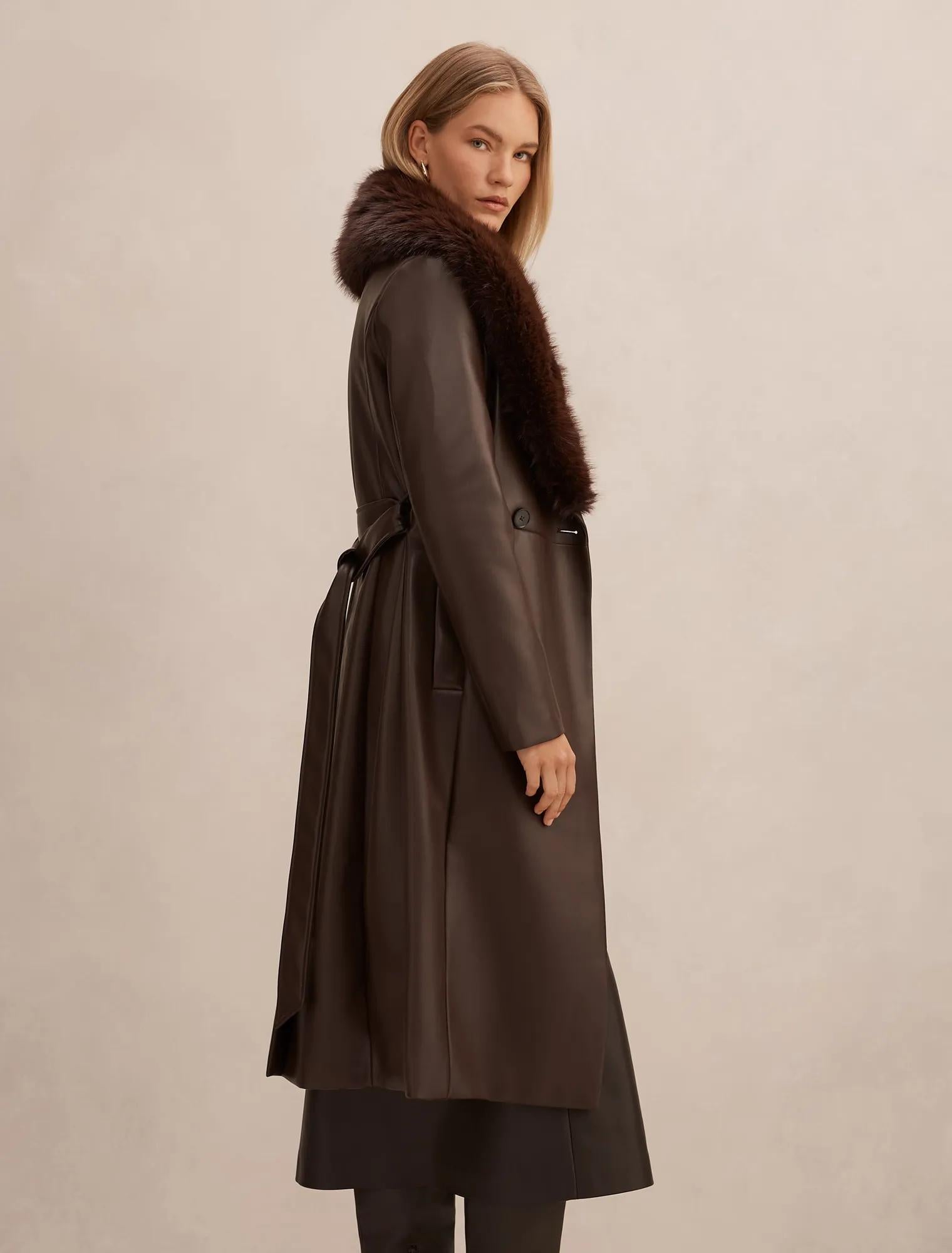 Faith Fur Collar Faux Leather Trench Coat Milk Chocolate
