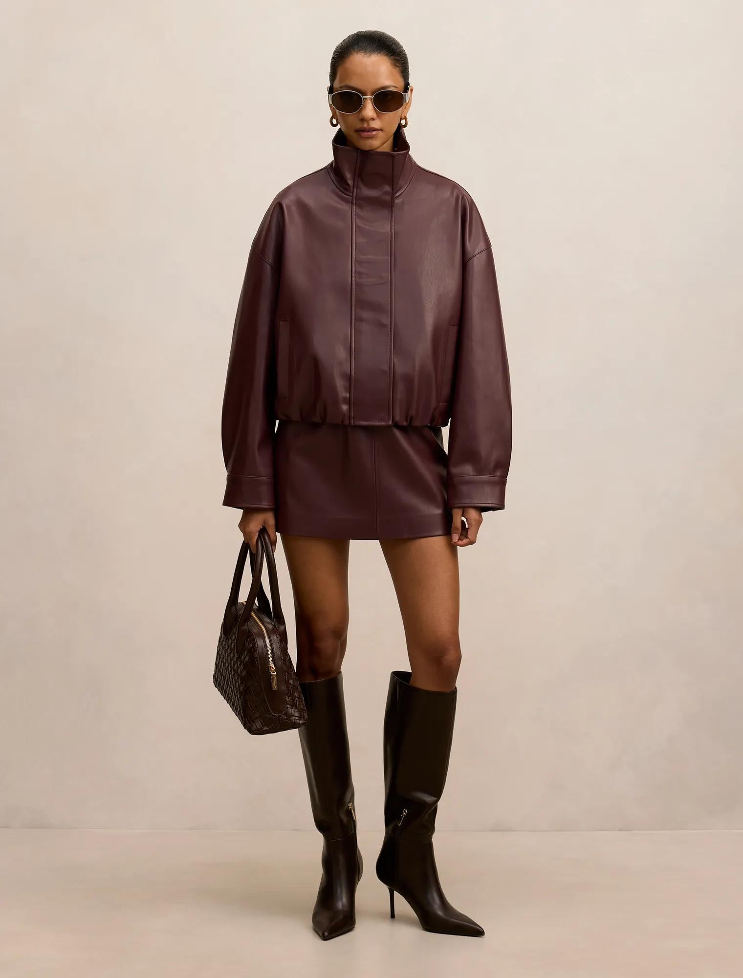 Renee Petite Faux Leather Mini Skirt Berry Co-Ord