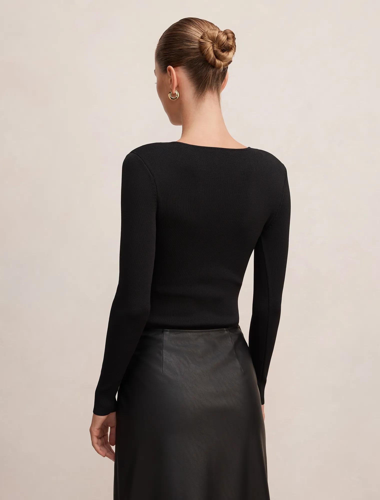 Emi Knitted Plunge Neck Bodysuit Black