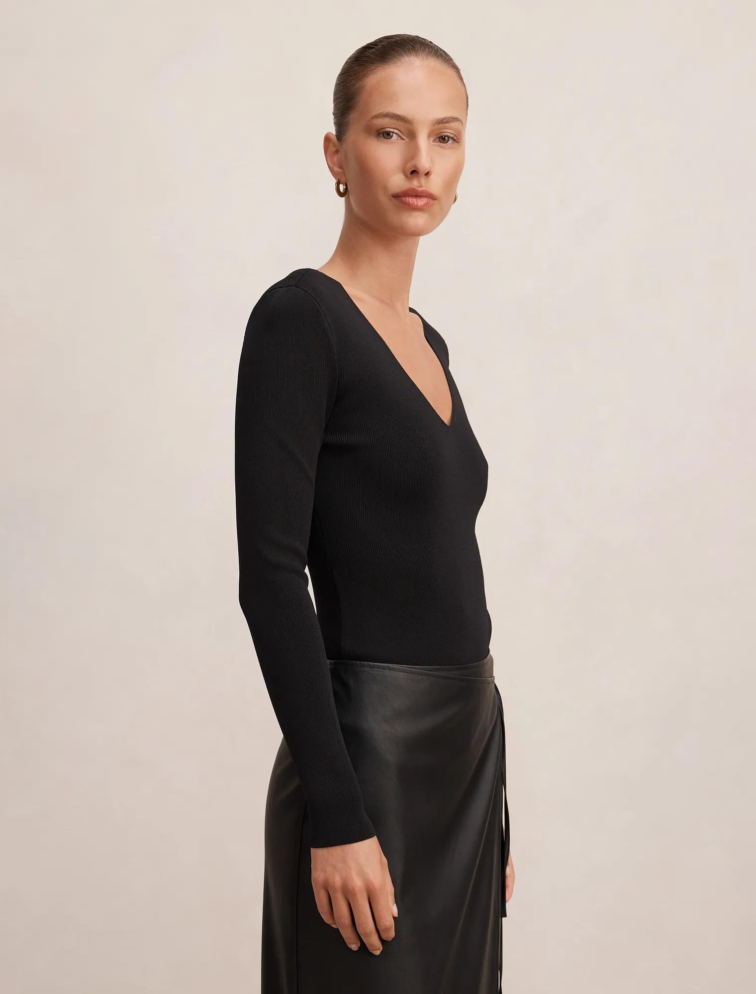 Emi Knitted Plunge Neck Bodysuit Black