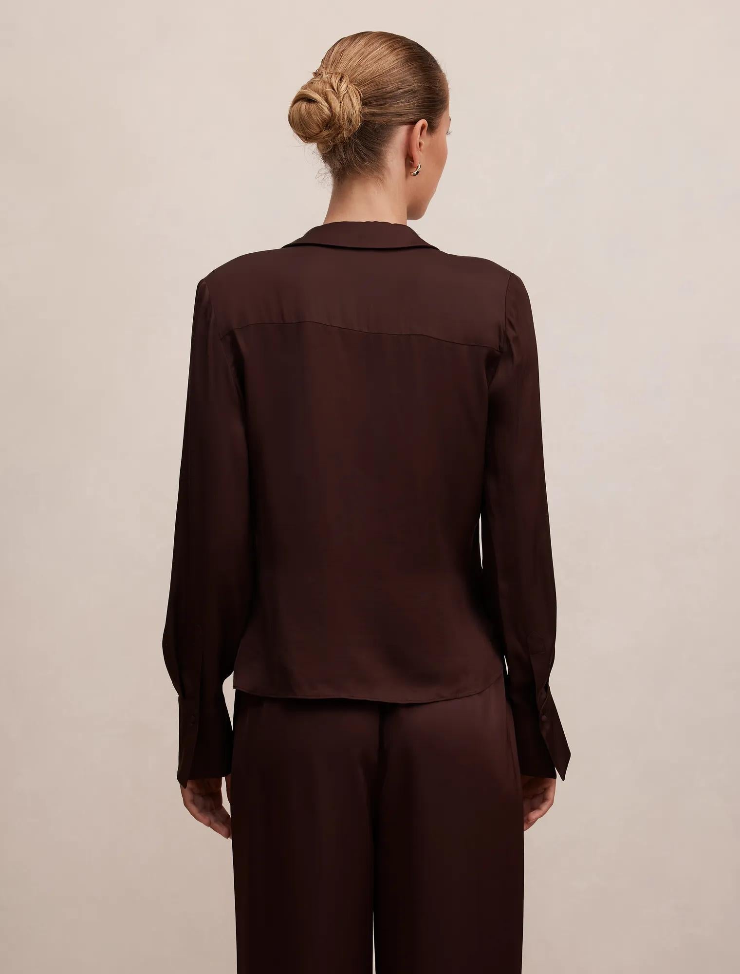 Maude Asymmetrical Drape Shirt Chestnut Brown