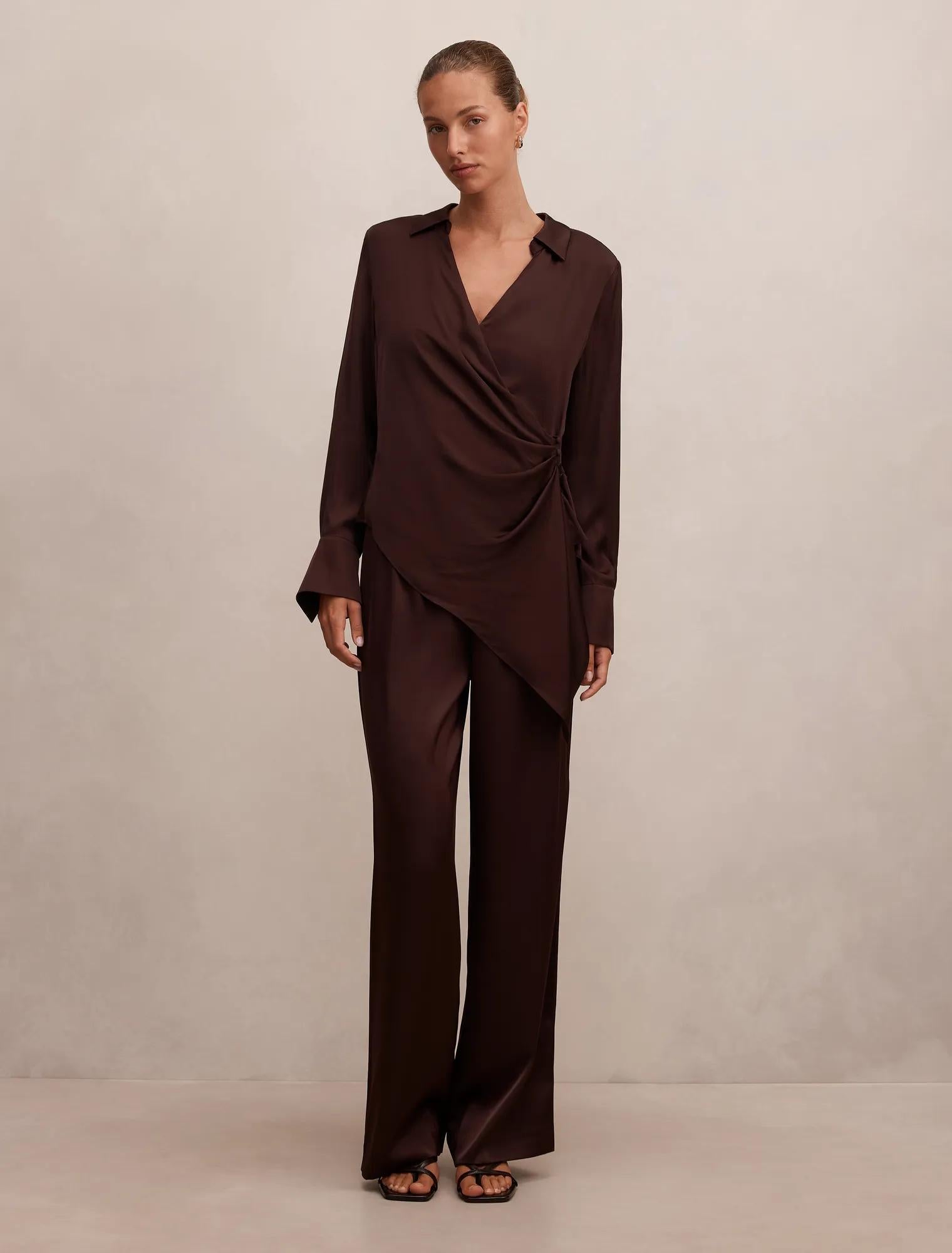 Maude Asymmetrical Drape Shirt Chestnut Brown