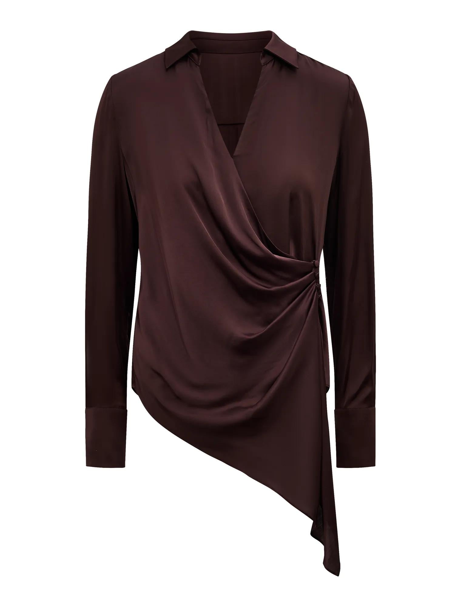 Maude Asymmetrical Drape Shirt Chestnut Brown_mannequin