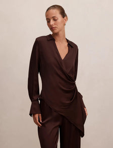 Maude Asymmetrical Drape Shirt Chestnut Brown