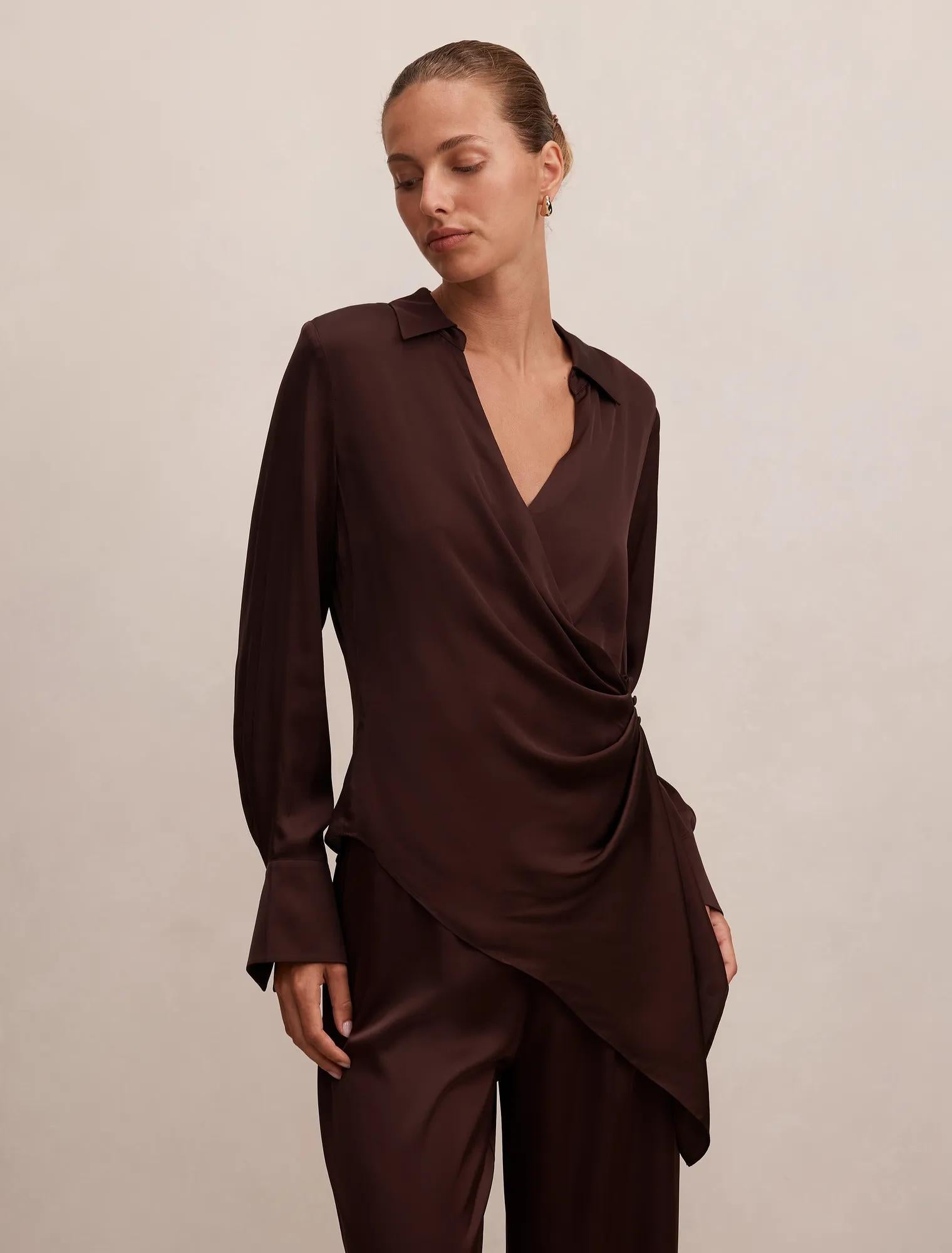 Maude Asymmetrical Drape Shirt Chestnut Brown