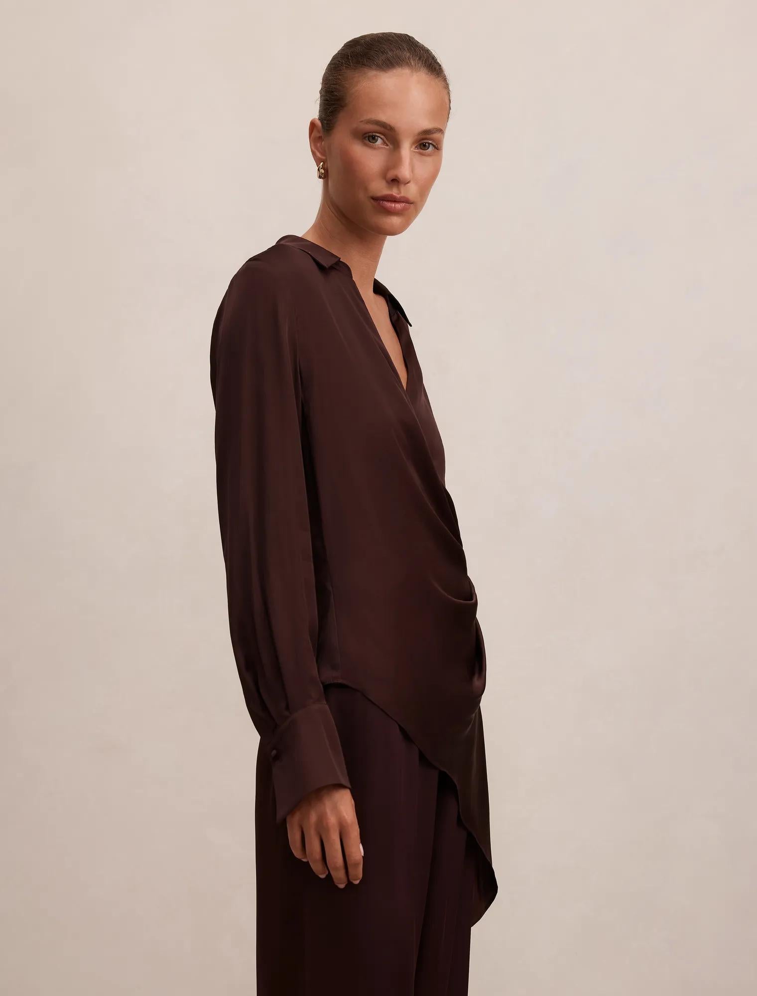 Maude Asymmetrical Drape Shirt Chestnut Brown