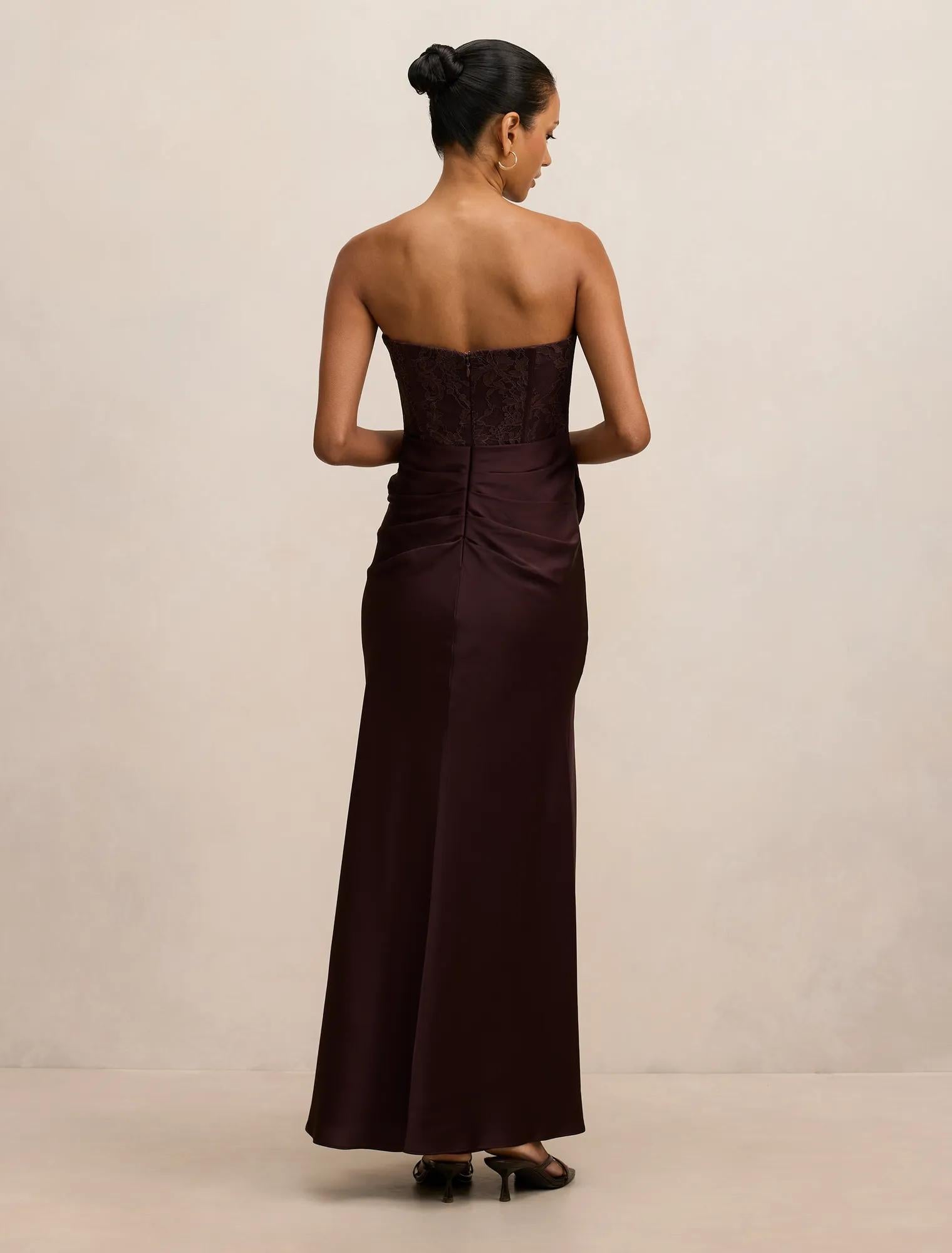 Ivy Petite Lace Corset Maxi Dress Dark Chocolate