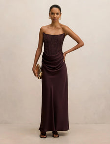 Ivy Petite Lace Corset Maxi Dress Dark Chocolate
