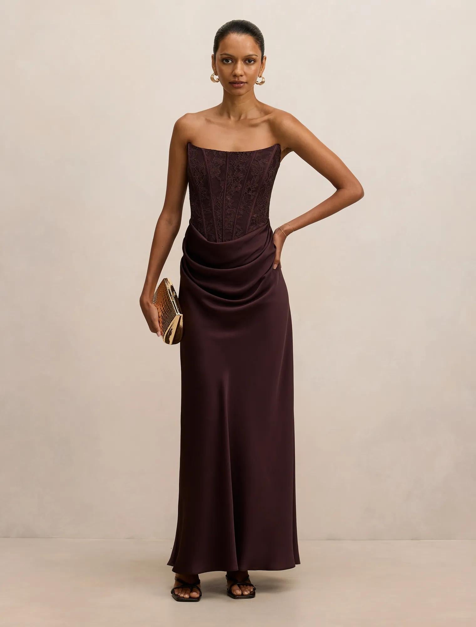 Ivy Petite Lace Corset Maxi Dress Dark Chocolate